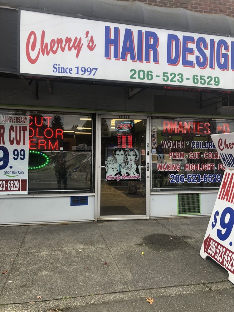 Cherry Hair Design storefront sign reading Since 1997, Aurora Ave, Seattle